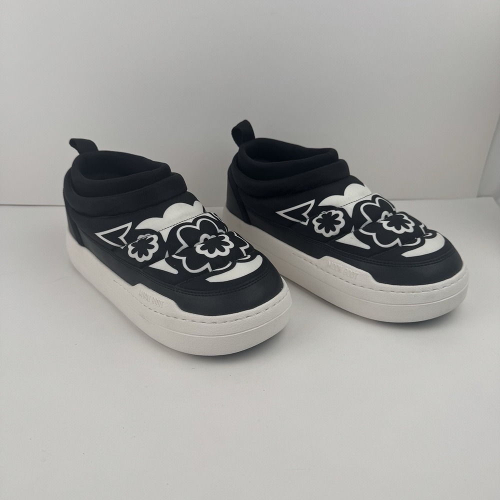 Moon Boot Black White Puffy Floral Puffy Platform Sneakers
